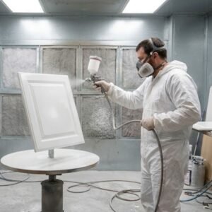 Is Cabinet Refinishing Worth It in Bedford, NH? 2 Professional painter wearing a respirator mask using a fine-finish HVLP spray gun to apply enamel to a kitchen cabinet door