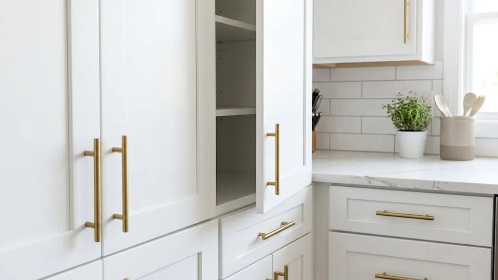 bright, freshly painted white kitchen cabinet with modern brushed brass hardware